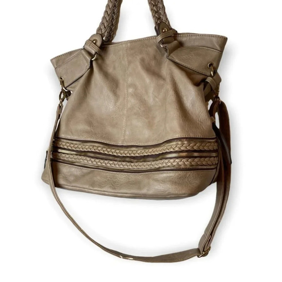 Hibou Tan Shoulder/Crossbody Bag with Braid &  Zipper Details - Picture 2 of 16